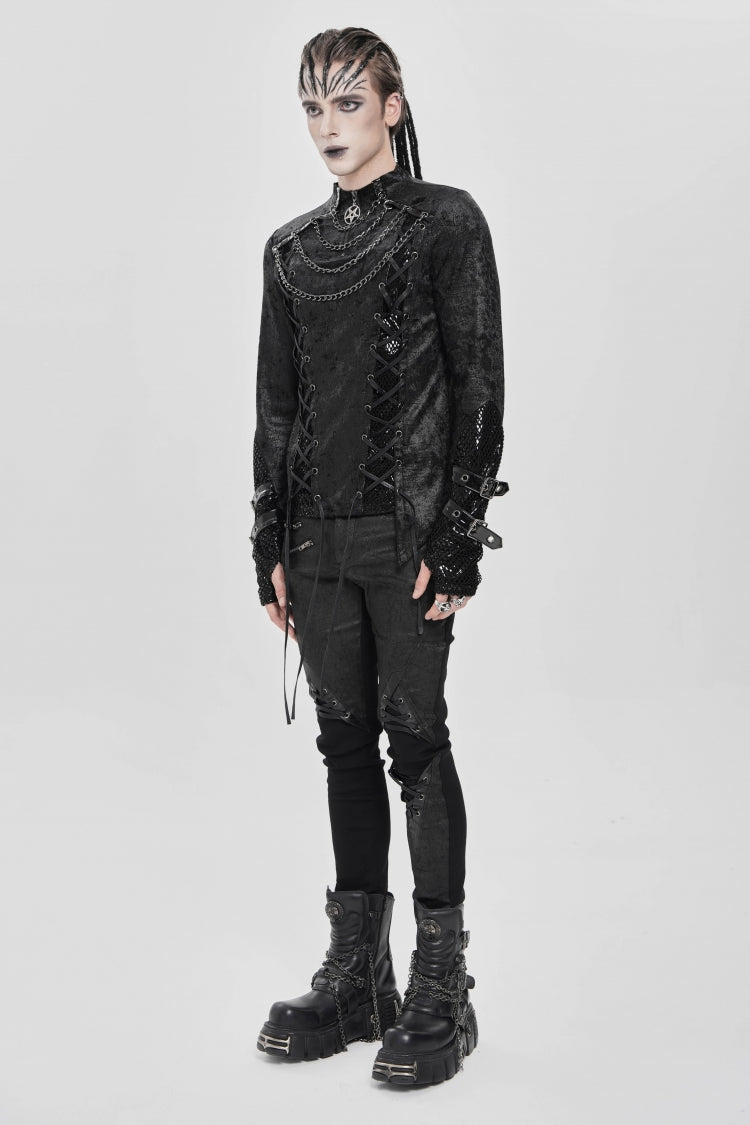 Black Stitching Lace-up Mesh Chain Punk Blouse