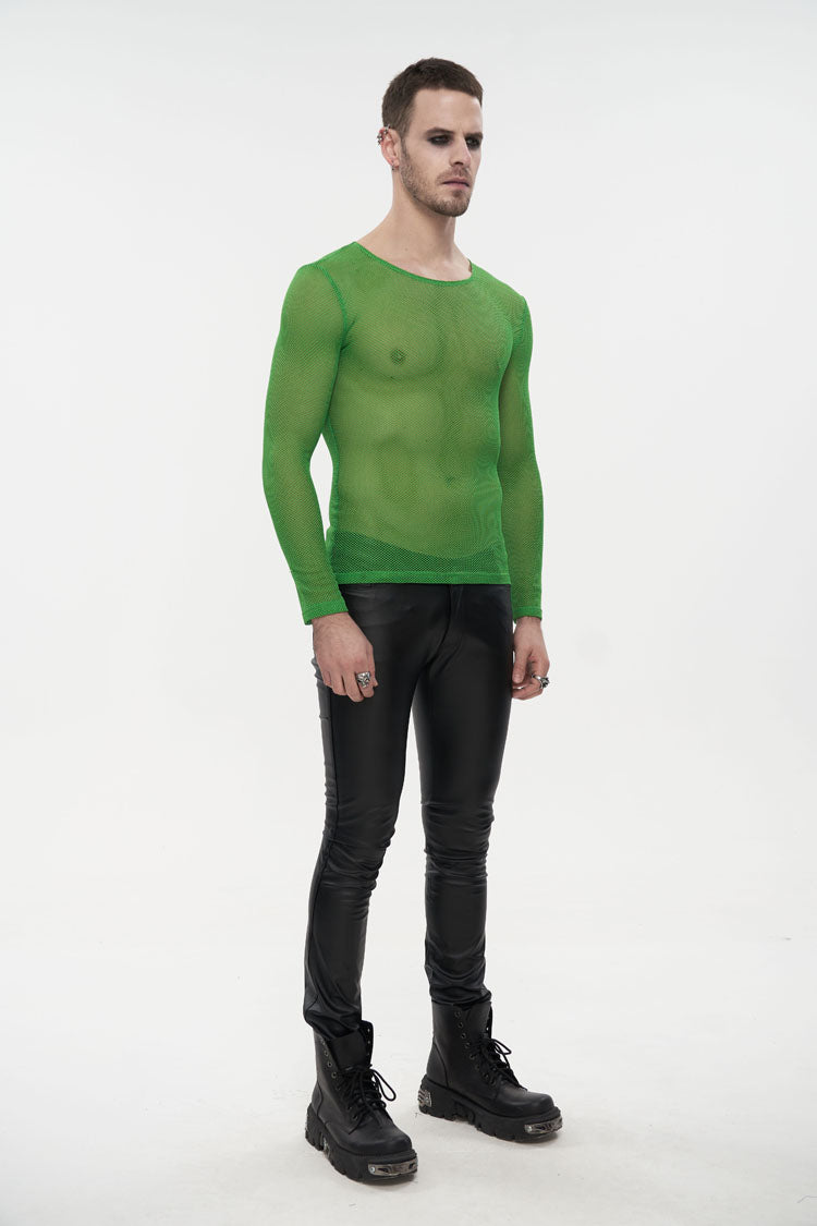 Green Elasticity High Neck Long Sleeve Mesh Gothic T-shirt
