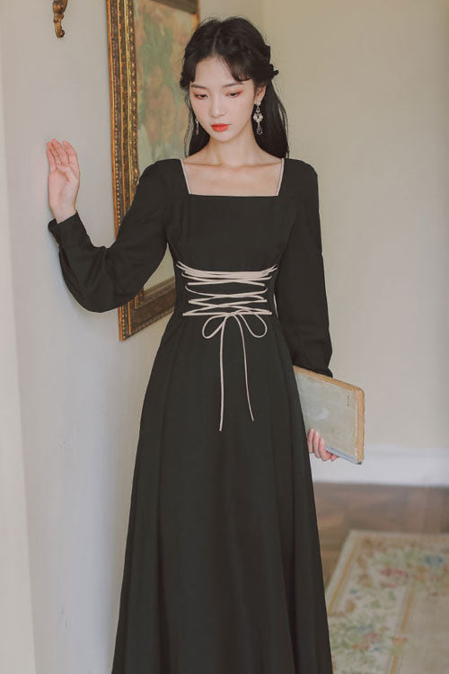 Black European Manor Square Collar Long Sleeves High Waisted Classic Lolita Op Dress