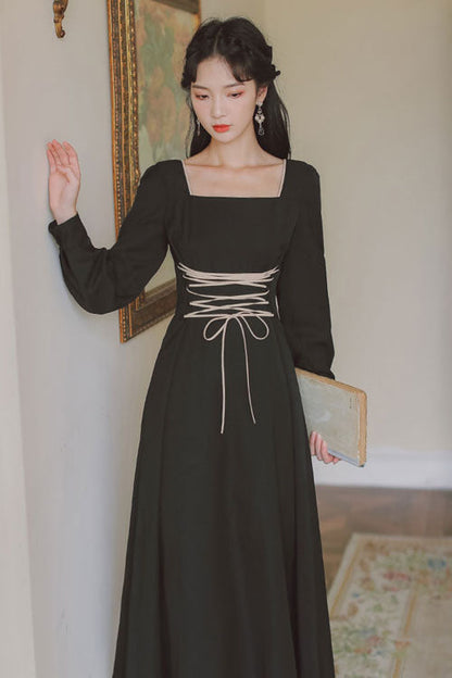 Black European Manor Square Collar Long Sleeves High Waisted Classic Lolita Op Dress