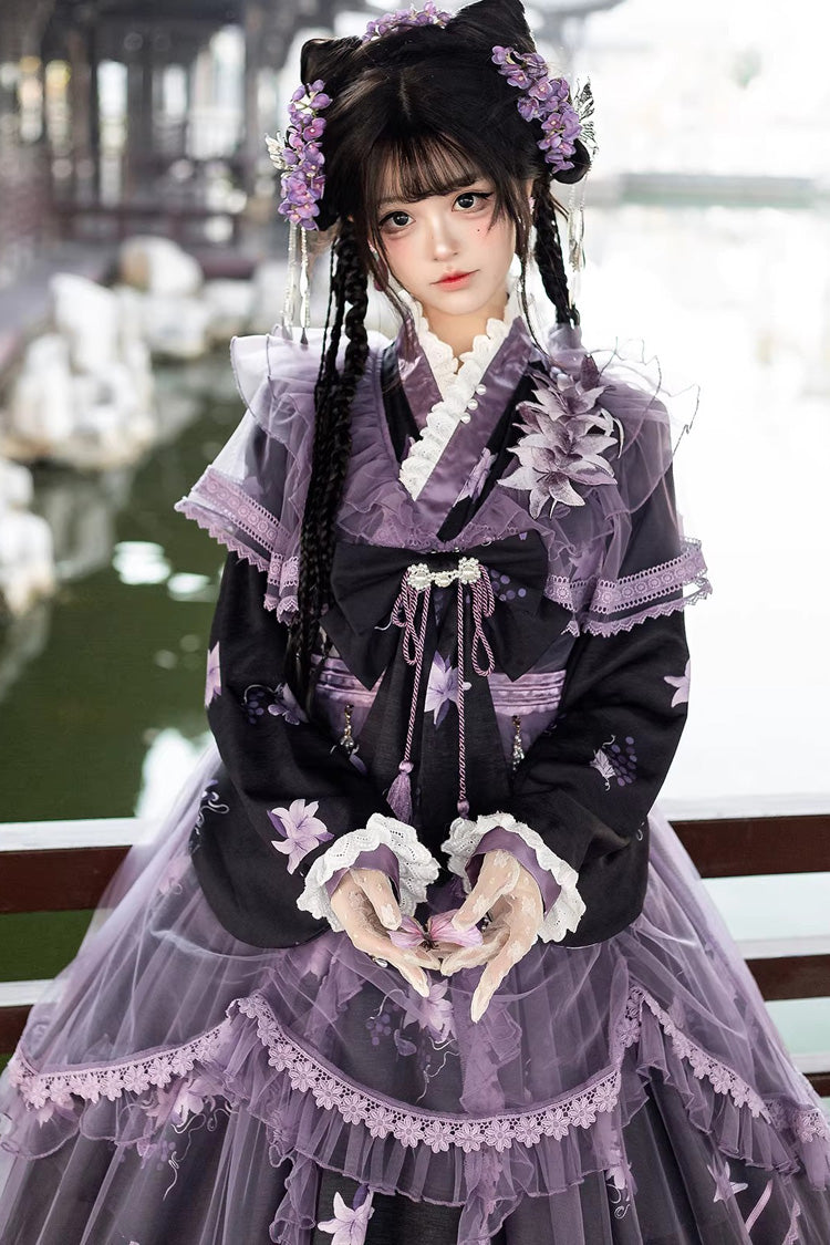 Purple [violet Gauze Lily] Stand Collar Long Sleeves Ruffled Embroidered Bow Classic Chinese Style Lolita Dress Set