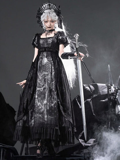 [pre-order Deadline: June 8] Phantom Knight Dark Gothic Square Neck Layered Dress (with Choker & Waist Belt)