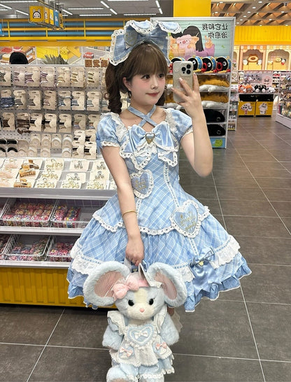 [pre-order Deadline: May 10] Blue/yellow/pink Sweetheart Lolita Ribbon Puff Sleeve Tiered Dress + Bunny Ear Full Set + Cat Ear Full Set