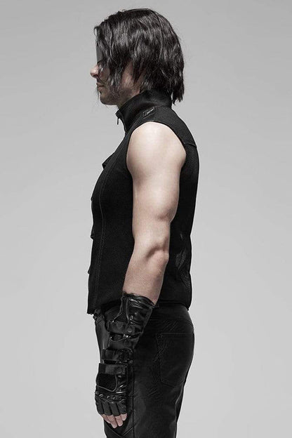 Black Punk Rough No Elasticity Woven Mesh Metal Buckle Belts Decoration Perspective Sleeveless Metal Zipper Vest