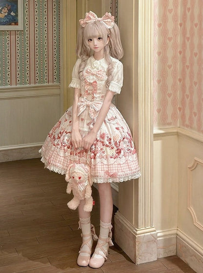 [pre-order Deadline: May 5] Pink Cherry Print Lace Ribbon Bunny Ear Apron Jsk Dress + Accessories