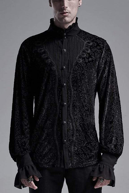 Black High Collar Lantern Sleeve Front Metal Retro Button Flounce Cuff Velveteen Knit Gothic Shirt