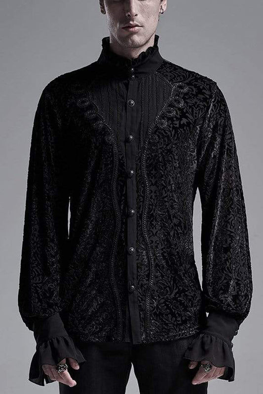 Black High Collar Lantern Sleeve Front Metal Retro Button Flounce Cuff Velveteen Knit Gothic Shirt