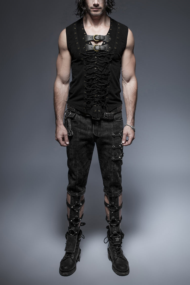 Black V-neck Chest Leather Hasp Metal Rings Cross Lace-up Punk Vest