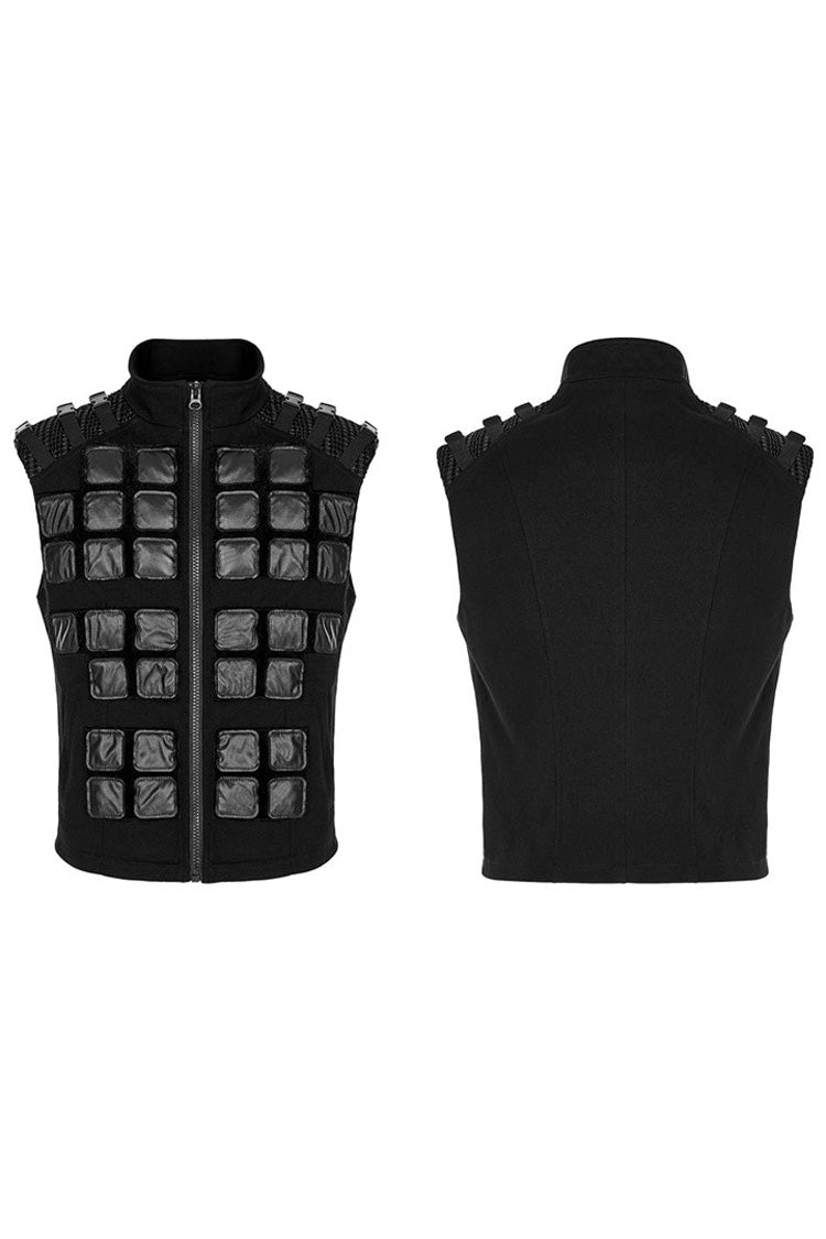 Black Punk High Collar Front Geometric Patterns Splicing Design Shoulder Padded Webbing Buckle Twill Vest