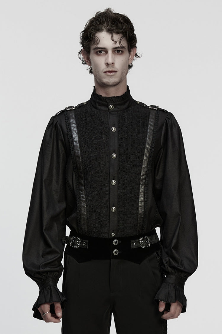 Black Stand Collar Long Puff Sleeves Pu Stitching Pleated Gothic Blouse