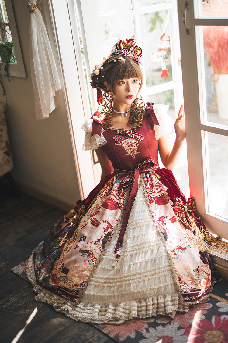 Red [kaleidoscope of Dreams] Flying Sleeves Print Embroidery Cardigan Bowknot Classic Lolita Dress