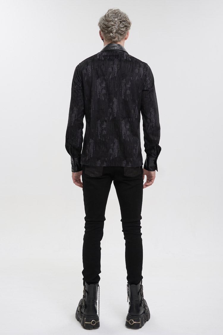 Black Ribbed Metal Chain Hand-painted Velveteen Paneled Leather Punk Shirt