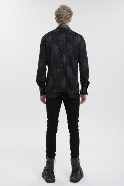 Black Ribbed Metal Chain Hand-painted Velveteen Paneled Leather Punk Shirt