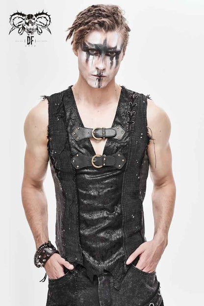 Black V-neck Sleeveless Ripped Buckle Straps Gothic Vest