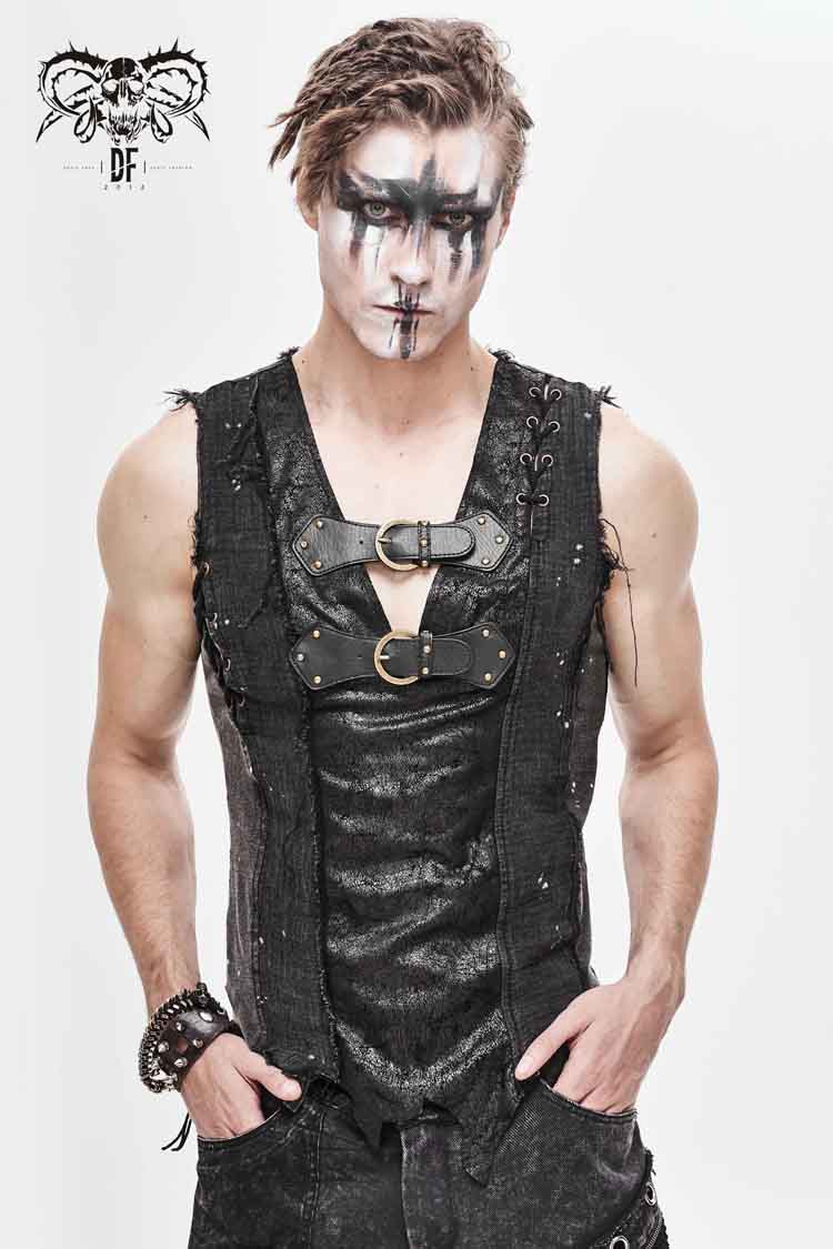 Black V-neck Sleeveless Ripped Buckle Straps Gothic Vest