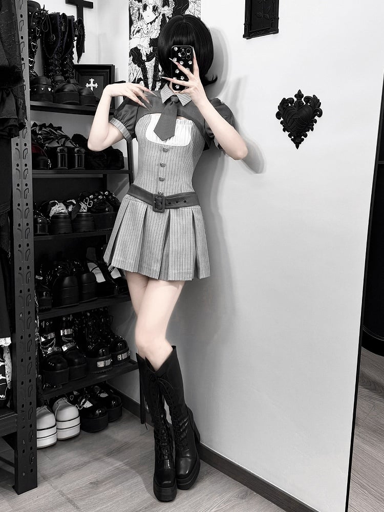 [pre-order Deadline: April 15] Gray Pinstripe Tie Collar Short Jacket Dress Full Set + Jewel Casquette