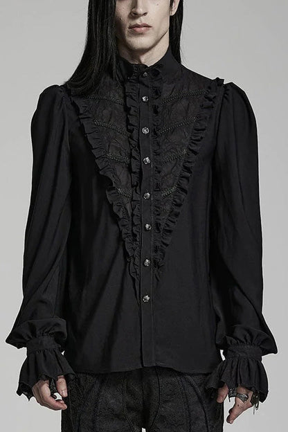 Black Stand Collar Ruffle Webbing Embellishment Gothic Blouse