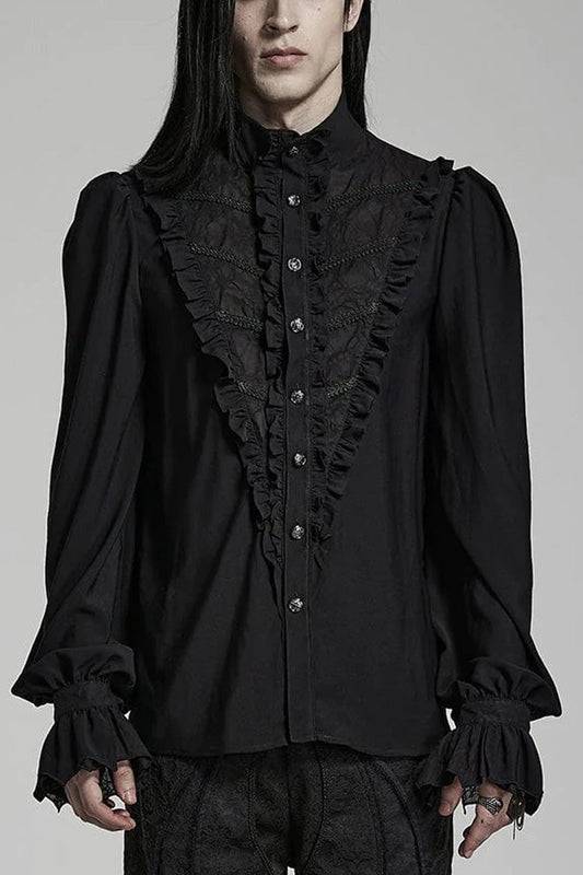 Black Stand Collar Ruffle Webbing Embellishment Gothic Blouse