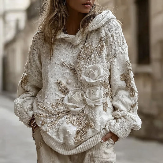 Women's Vintage White Rose Knitted Warm Hooded Sweater elevenforest
