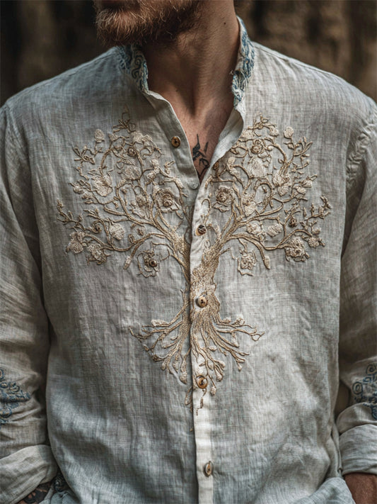 Men's Floral Tree Of Life Embroidered Gradient Flowy Linen Shirt elevenforest