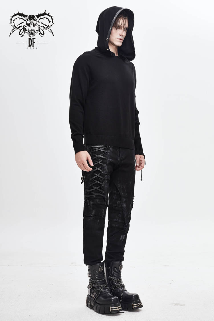 Black Asymmetrical Sleeves Leather Loop Lace-up Hooded Punk Sweater