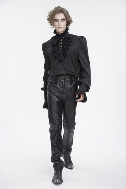 Black Stand Collar Long Sleeves Jacquard Ruffle Gothic Blouse