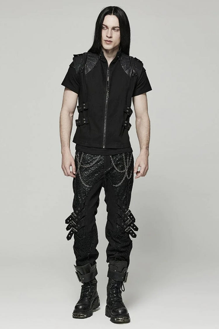 Black Stand Collar Side Waist Webbing Decorative Stitching Steampunk Vest