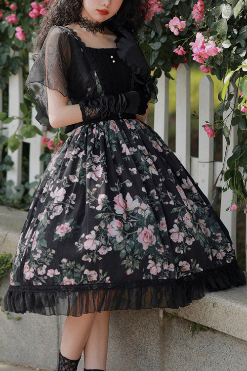 Black French Rose Print Square Collar Ruffled Classic Lolita Op Dress