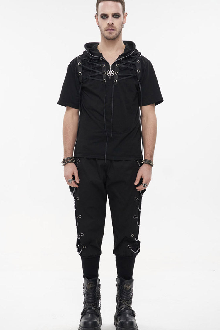 Black Punk Short Sleeve Metal Zipper Lace-up Knit Loose Hooded T-shirt
