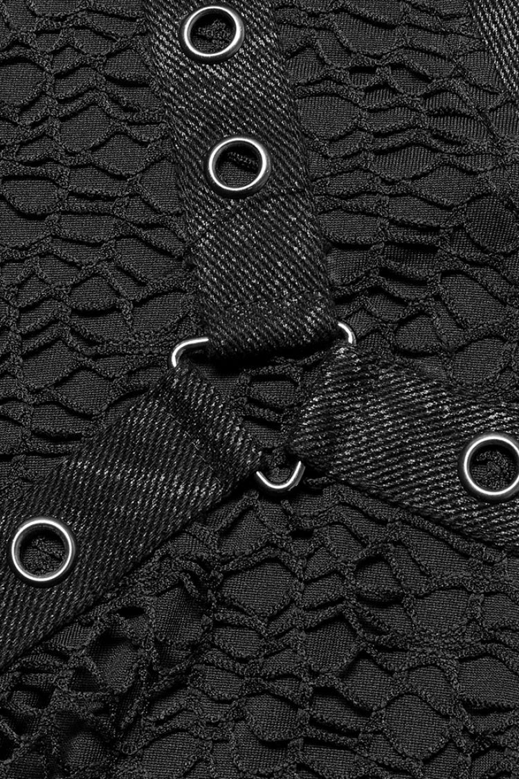 Black Short Sleeves Buckle Stitching Mesh Steampunk T-shirt