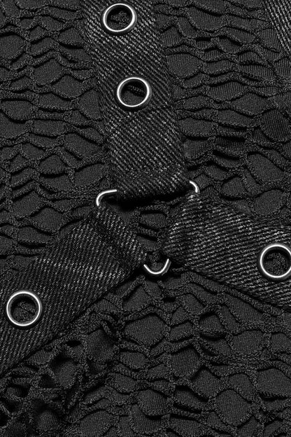 Black Short Sleeves Buckle Stitching Mesh Steampunk T-shirt