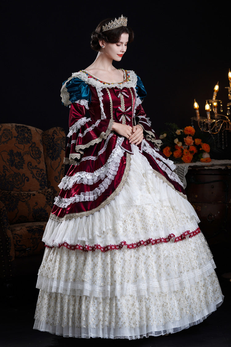 Wine/ivory Round Collar Long Hime Sleeves Triple-layered Ruffled Open-front Bow Lace Classic Palace Lolita Victorian Dress