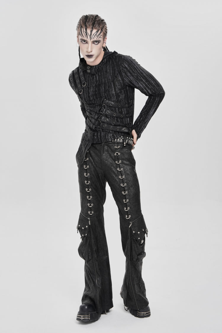 Black Long Sleeves Irregular Hooded Straps Eyelet Punk Blouse