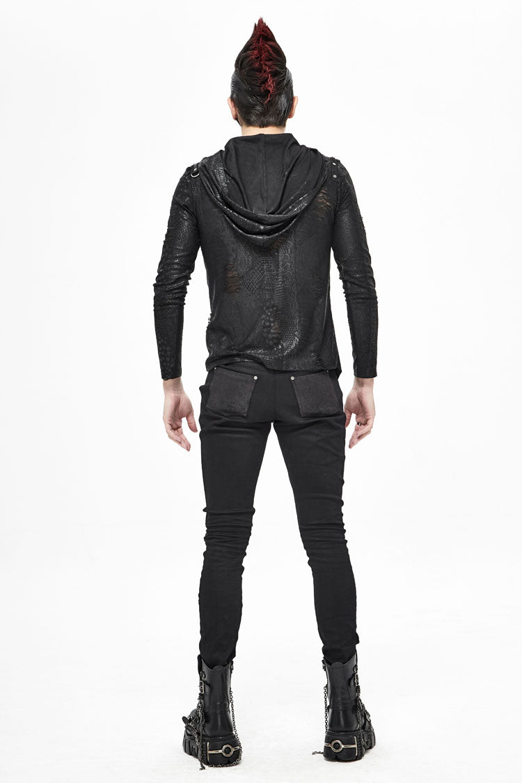 Black Broken Holes Knit Shoulder Lace-up Irregular Hem Hooded Punk T-shirt