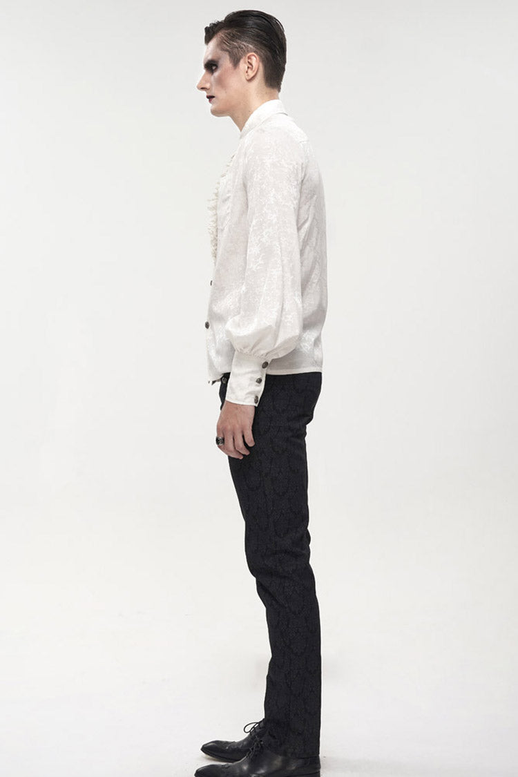 White Gothic Metal Pattern Buckle Long Sleeve Pleated Lace Lantern Shape Printing Pattern Shirt