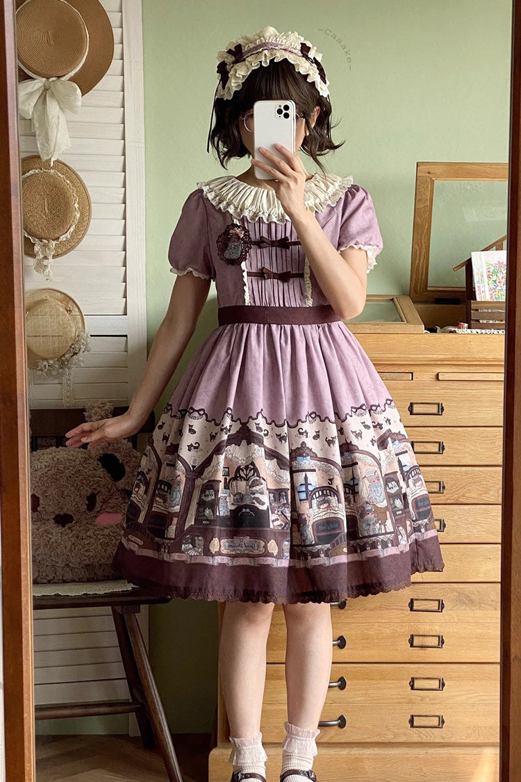 Pink/purple Short Sleeves Bear Print Bowknot Classic Lolita Dress