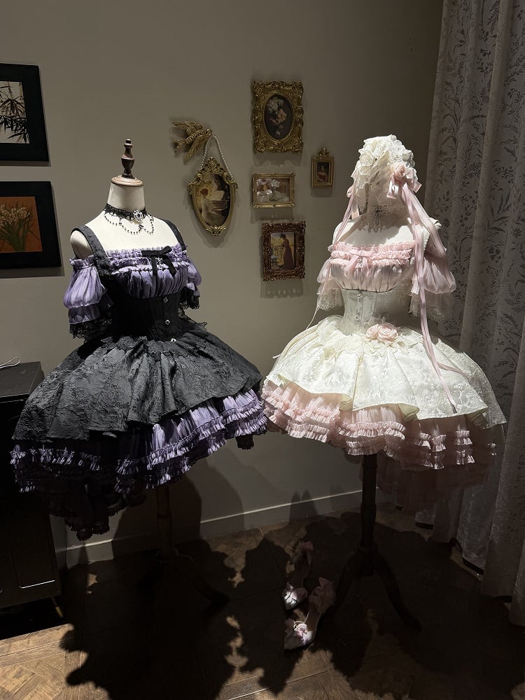 [pre-order Deadline: April 28] Pink X White Gothic Lolita Corset Layered Jsk Dress + Off-shoulder Lace Puff Top
