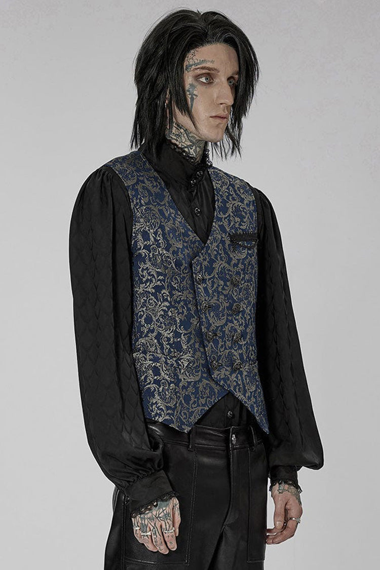 Blue Punk V Neck Asymmetrical Relief Sculpture Jacquard Double Row Hand Seam Button Vest