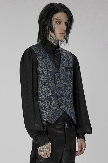 Blue Punk V Neck Asymmetrical Relief Sculpture Jacquard Double Row Hand Seam Button Vest