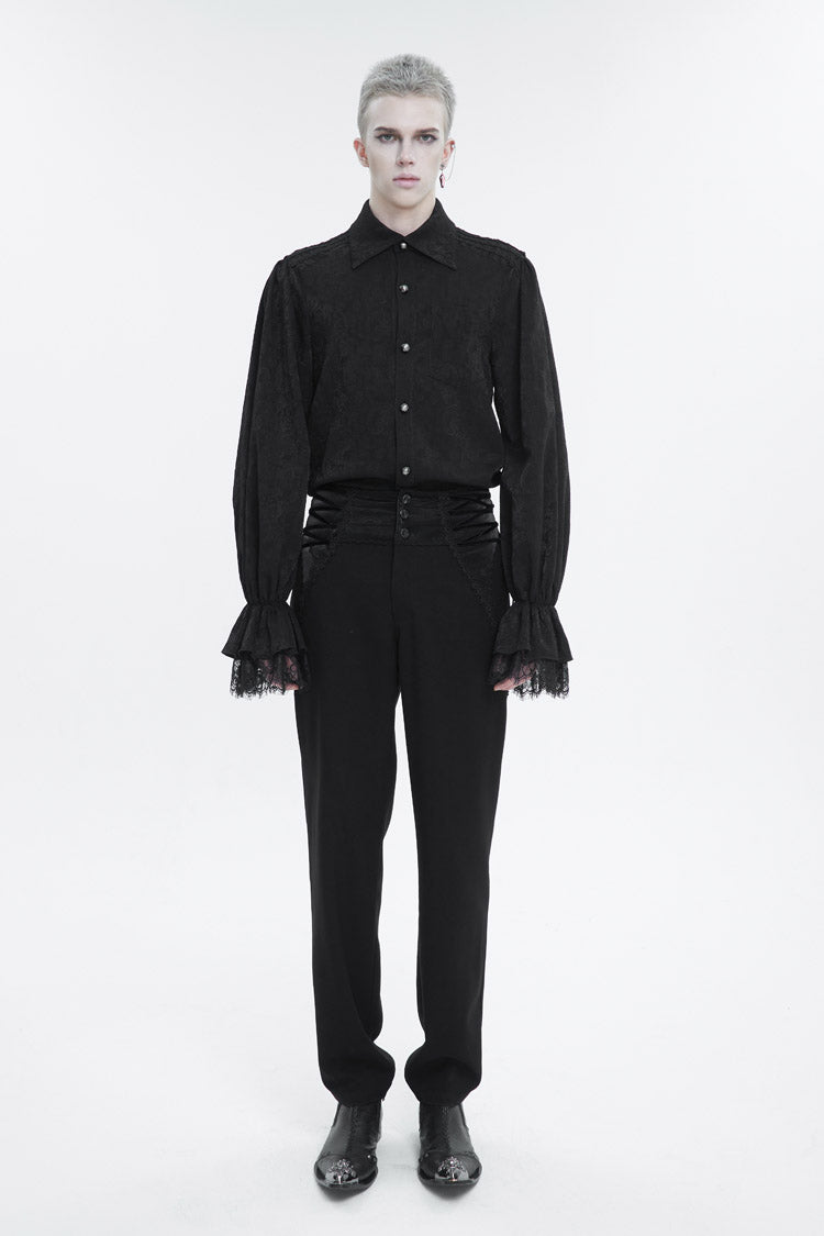 Black Lapel Collar Puff Sleeved Lace Hem Gothic Shirt