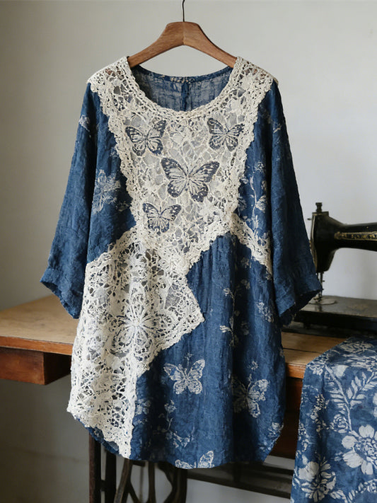 Vintage Lace Butterfly Patchwork Linen Women's Long Sleeve Shirt elevenforest