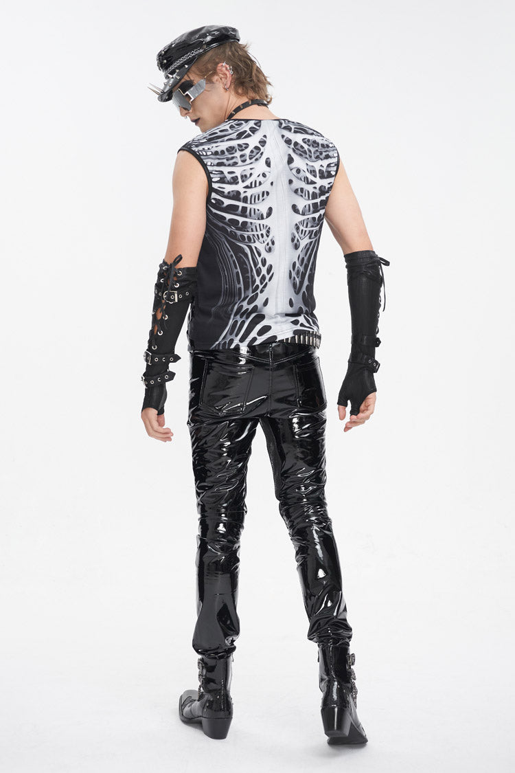 Black/white Round Collar Print Hollow Punk Vest