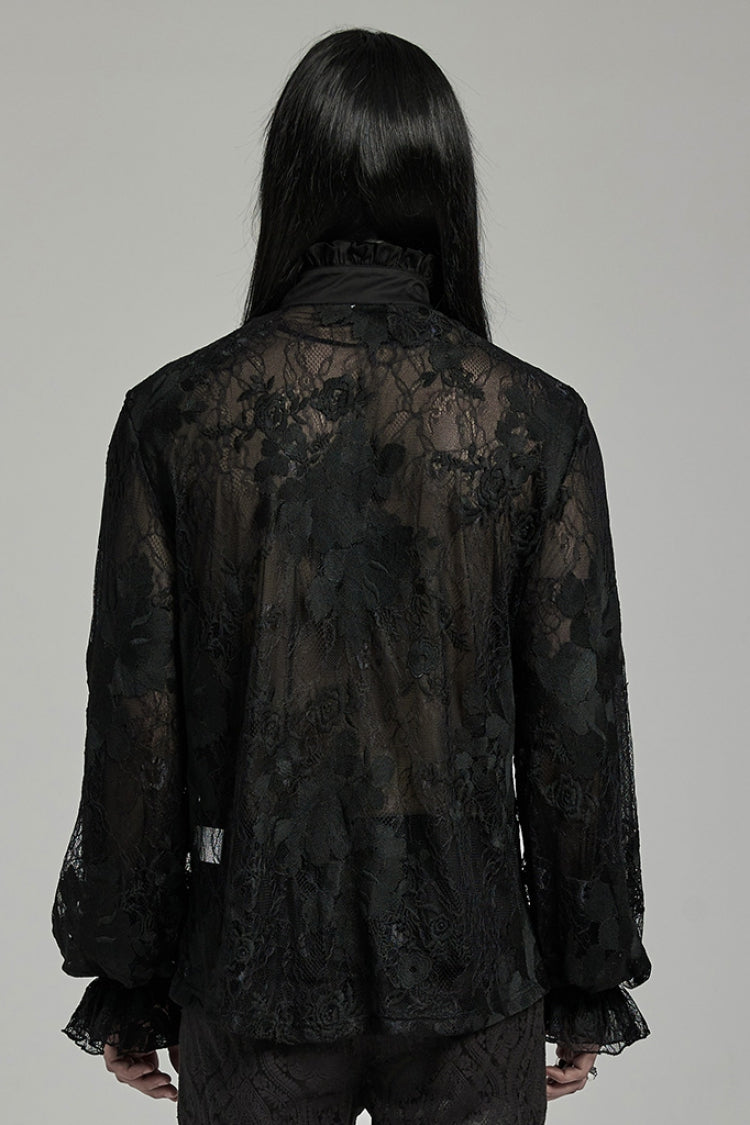 Black Stand Collar Lantern Sleeves Print Ruffle Lace Gothic Blouse