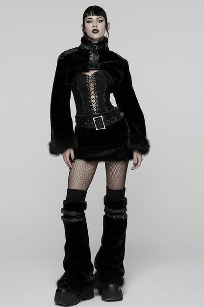Black Stand Collar Long Sleeves Buckle Straps Faux Fur Punk Short Cloak