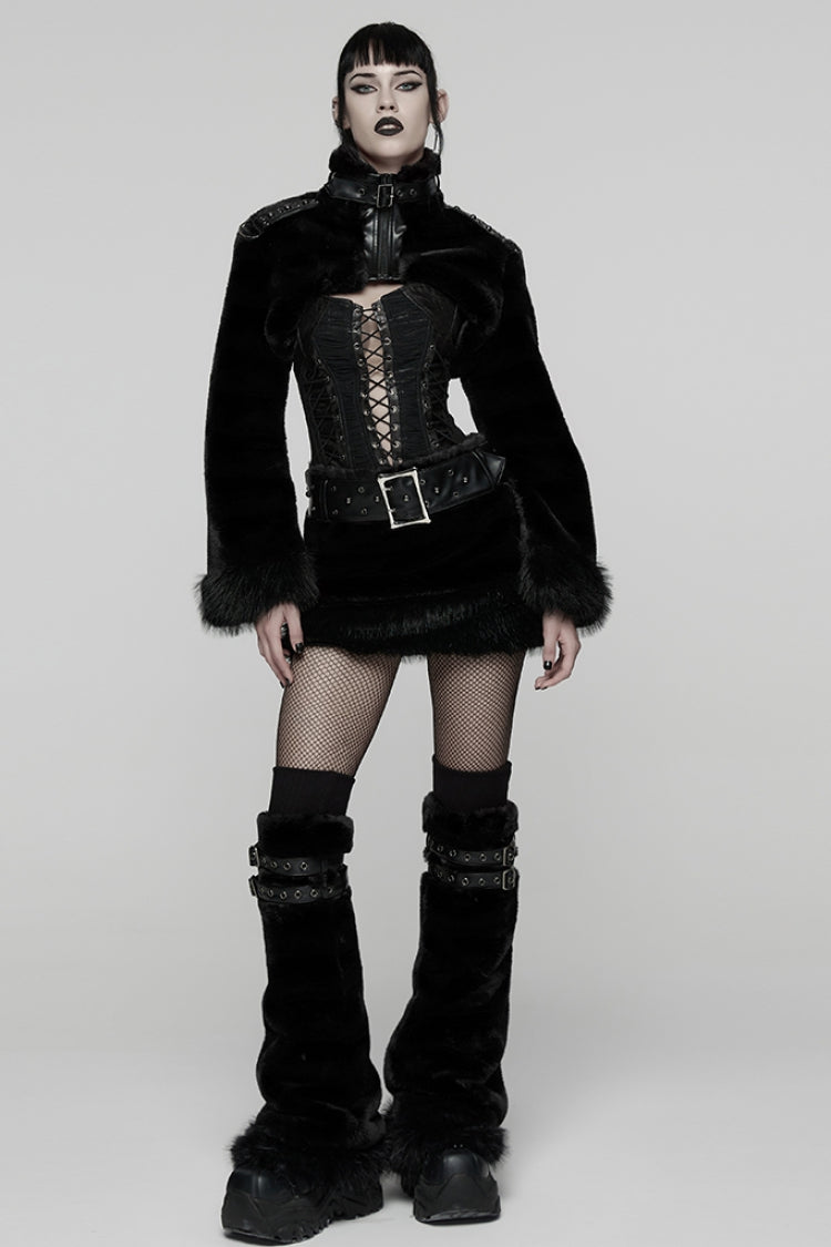 Black Stand Collar Long Sleeves Buckle Straps Faux Fur Punk Short Cloak