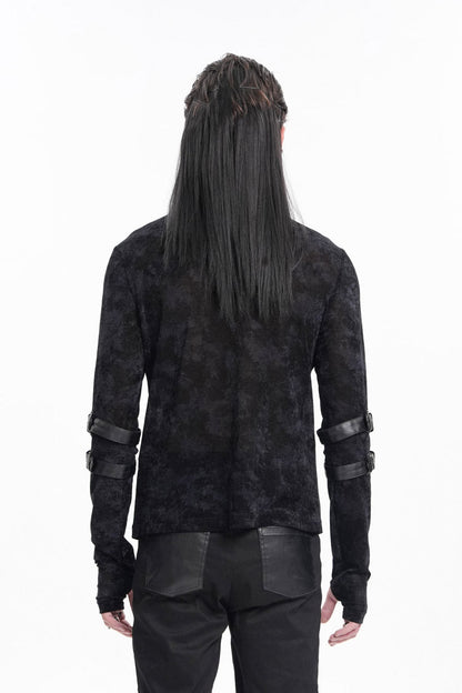 Black Round Collar Long Sleeves Buckle Star Studs Gothic T-shirt