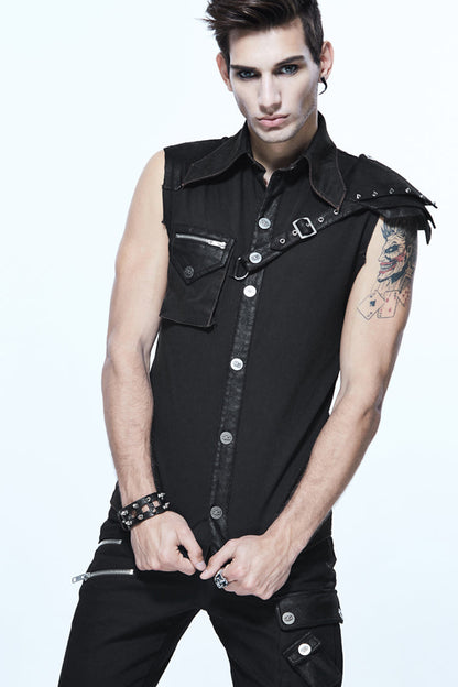 Black Sleeveless Twill One-shoulder Armor Heat Seal Punk Shirt