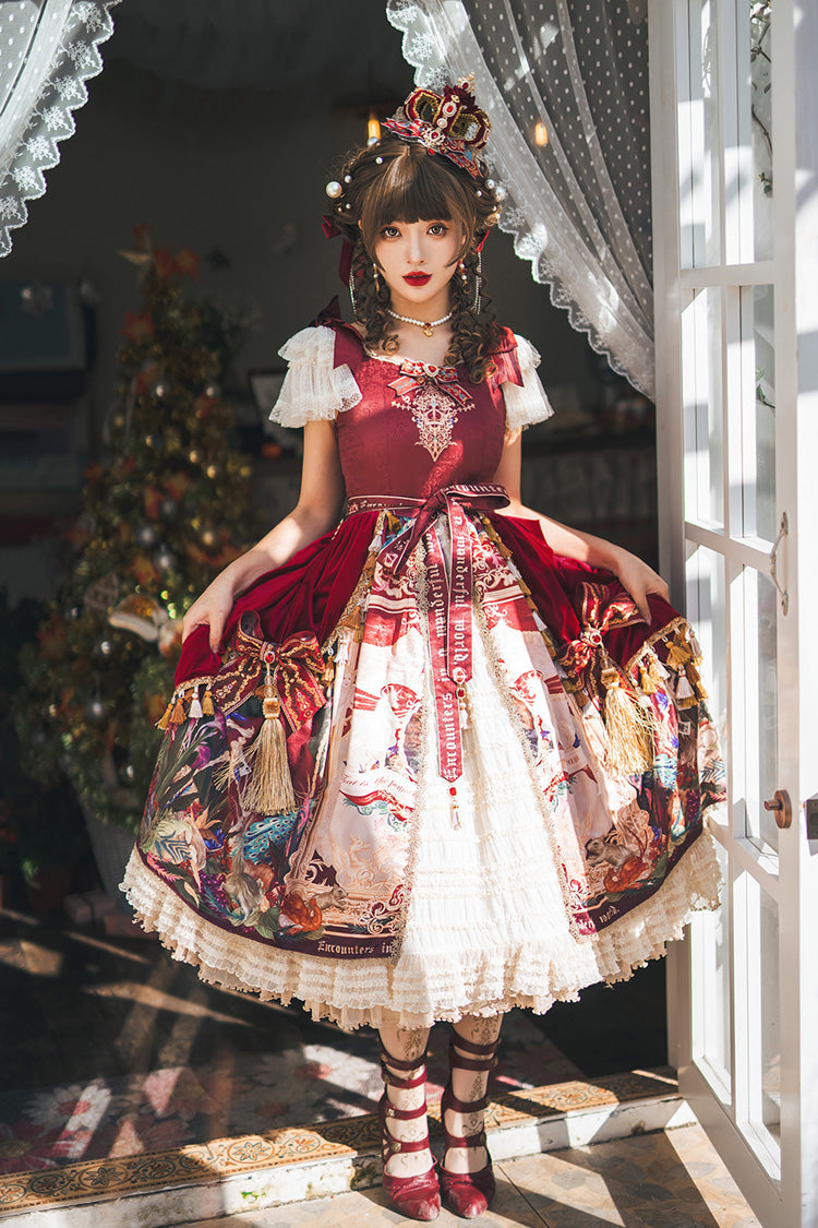 Red [kaleidoscope of Dreams] Flying Sleeves Print Embroidery Cardigan Bowknot Classic Lolita Dress