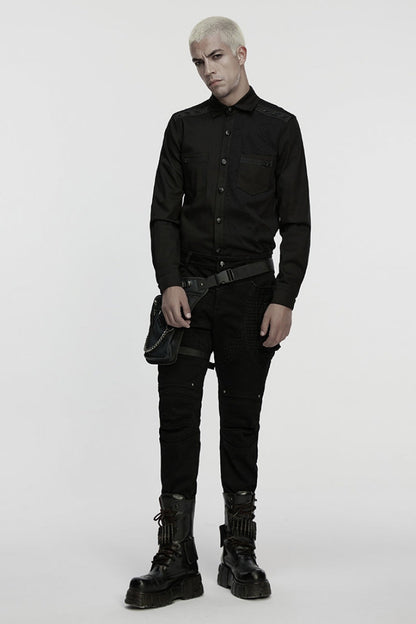 Black Lapel Collar Long Sleeves Ripped Punk Blouse