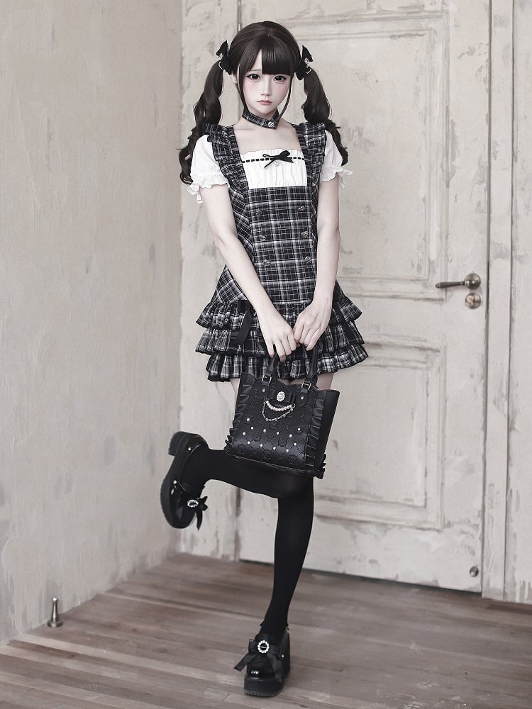 [pre-order Deadline: April 29] Black Check Ruffle Ribbon Puff Sleeve Mini Dress Set + Choker